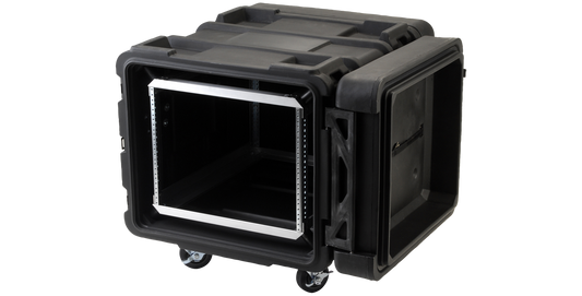 Angled view of 24-inch rSeries Shock Rack Case with open front, highlighting MIL-SPEC design, stackable build, and reinforced corners.