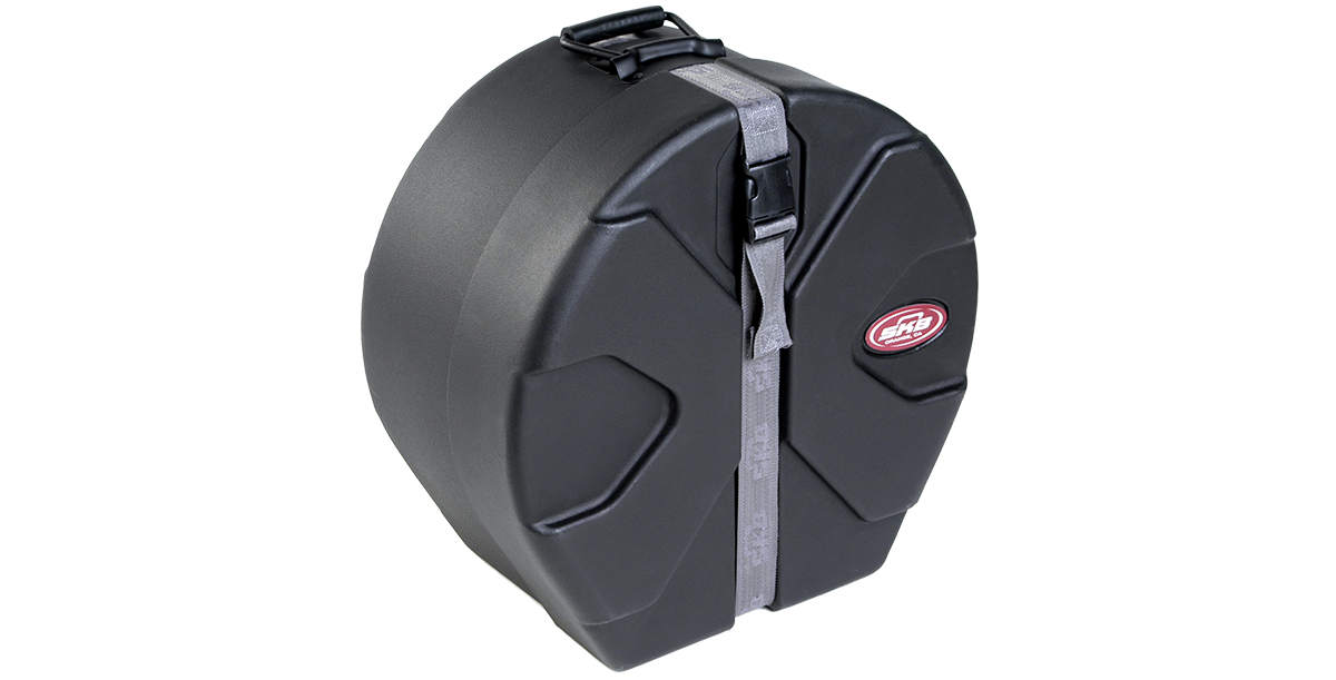 Angled view of roto-molded 16x26 drum case with ergonomic handle and reinforced shell, perfect for transporting bass drums securely.