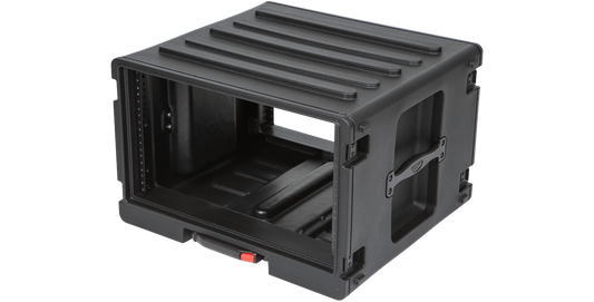 Angled side view of SKB 6U Rolling Rack with handle and wheels, highlighting rugged roto-molded body and rack rails.