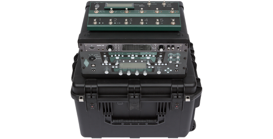 4U iSeries Guitar FX Fly Rack with processor and foot controller securely mounted in rugged molded case with TSA-approved locks.