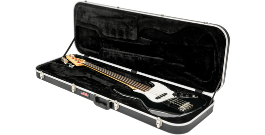 Economy Electric Bass Guitar Case with plush lining, angled view displaying snug fit for bass guitar and durable latches for protection.
