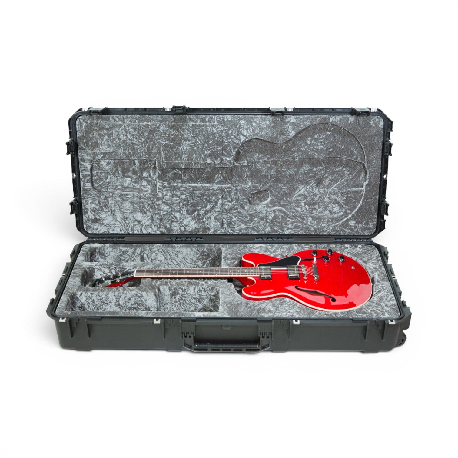 SKB Cases iSeries waterproof flight case for 335 semi-hollow guitar with platinum plush interior and red guitar