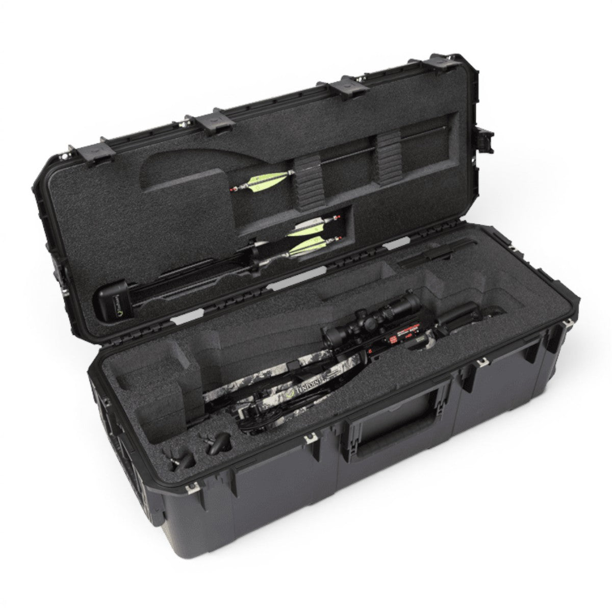 SKB Cases iSeries waterproof hard case containing a TenPoint Nitro XRT crossbow with custom foam inserts and arrows.