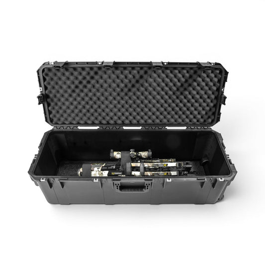 SKB Cases iSeries universal crossbow case with foam interior and secure straps holding a crossbow