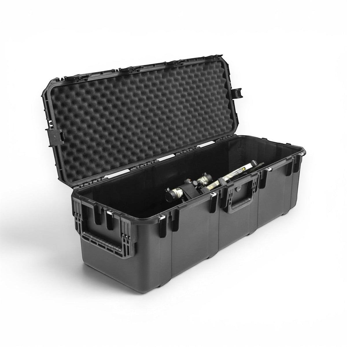 SKB Cases black waterproof universal crossbow case with open lid and protective convoluted foam interior padding.
