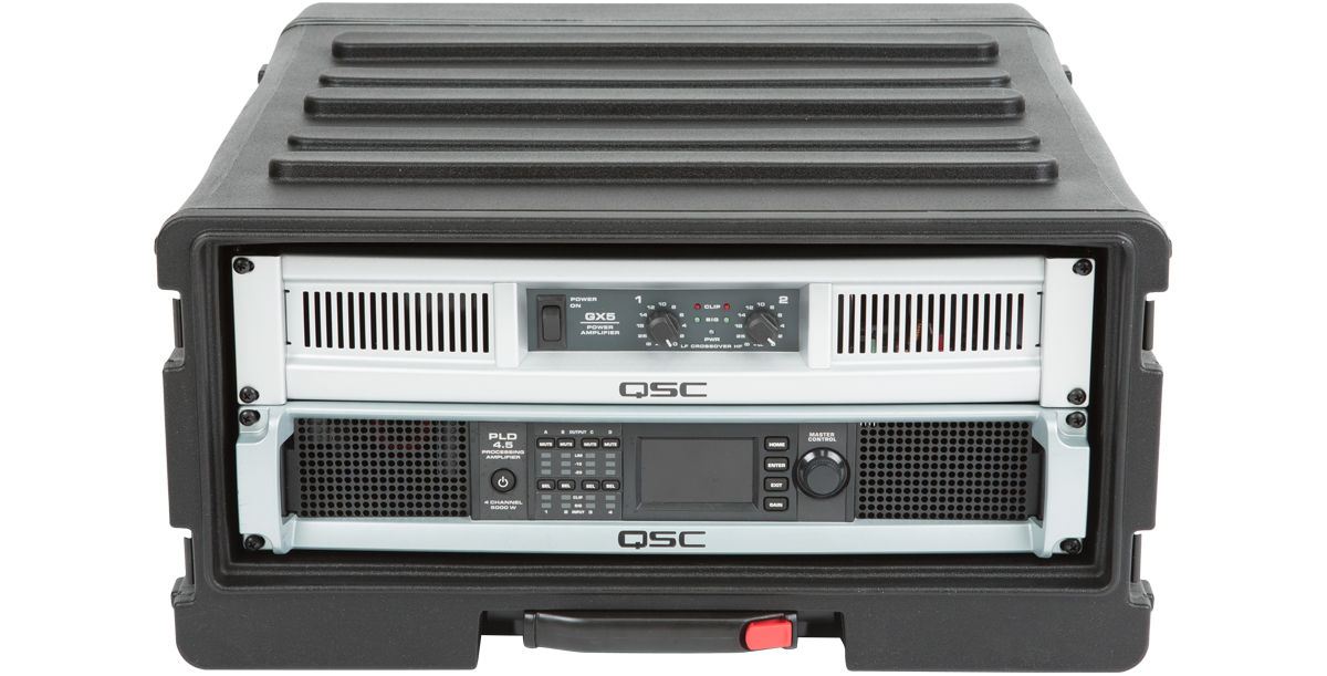 4U rSeries Roto Rolling Rack by SKB with QSC audio equipment installed, showcasing stackable and durable design for portable use.