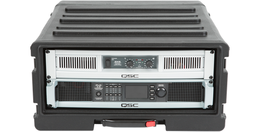 4U rSeries Roto Rolling Rack by SKB with QSC audio equipment installed, showcasing stackable and durable design for portable use.
