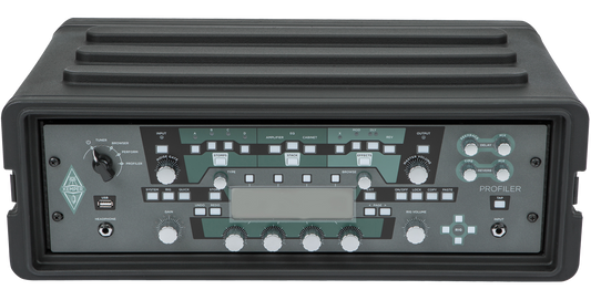 3U SKB Shallow Rack Series with mounted Kemper Profiler, showcasing front panel controls and rugged roto-molded construction.