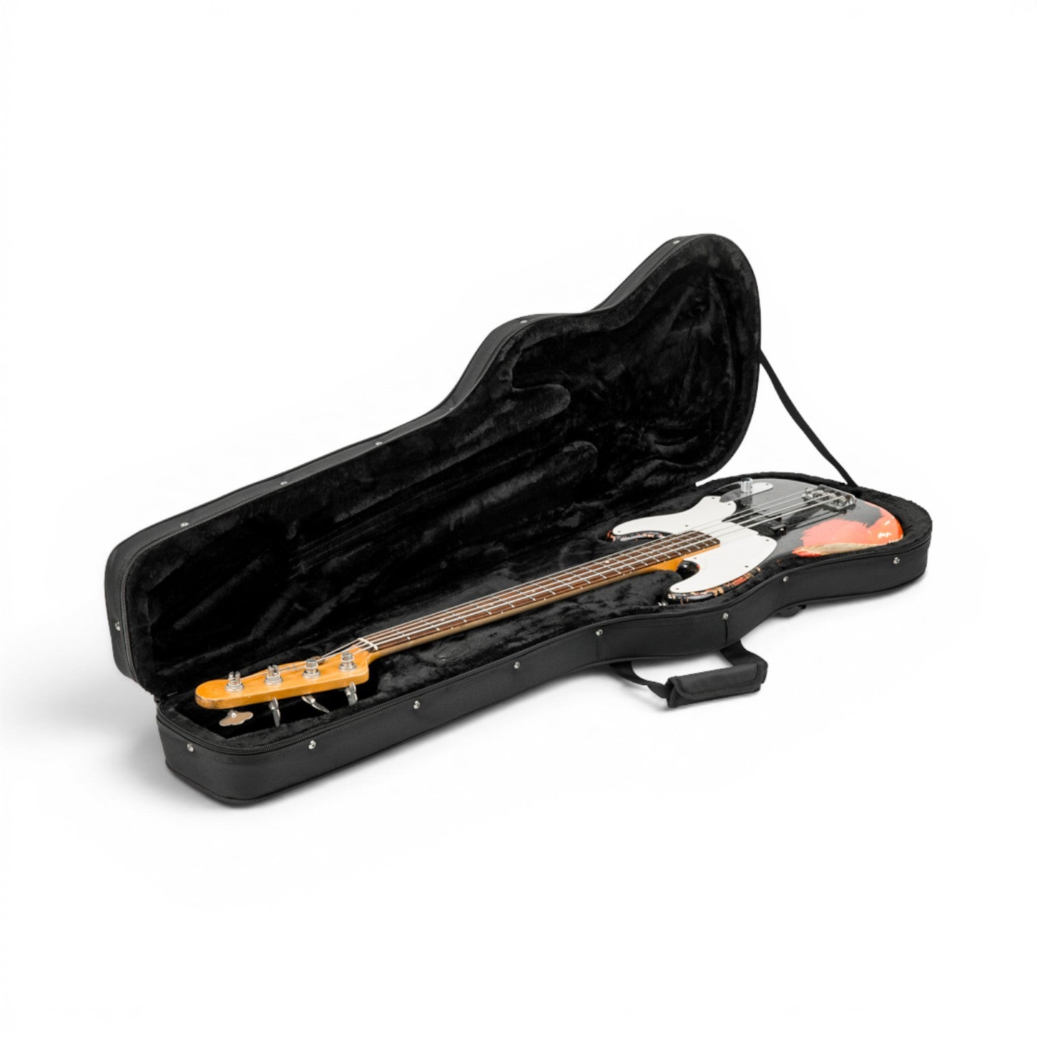Electric Bass Soft Case open with bass guitar inside, highlighting plush EPS foam interior and secure instrument placement.