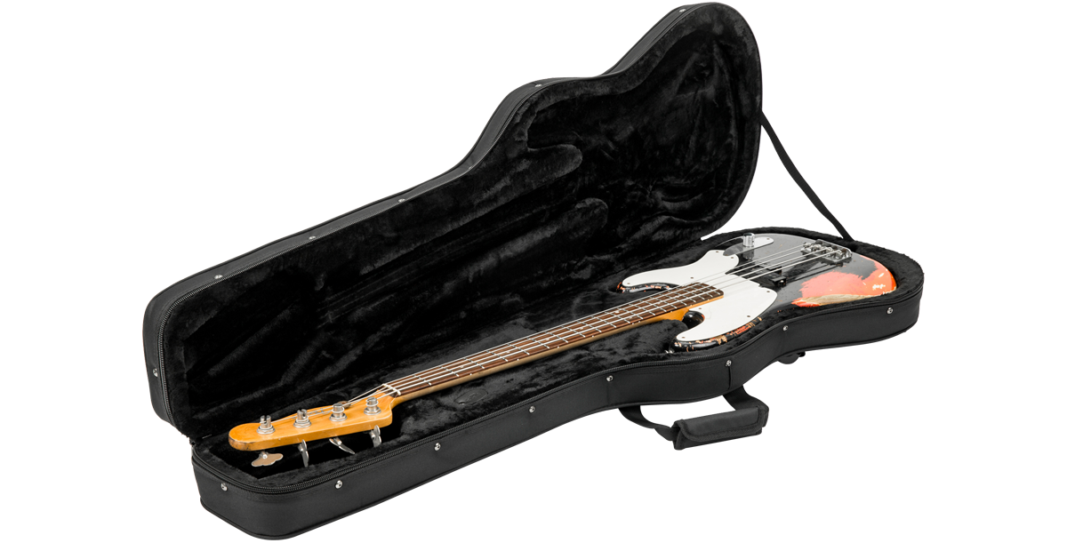 Electric Bass Soft Case open with bass guitar inside, highlighting plush EPS foam interior and secure instrument placement.