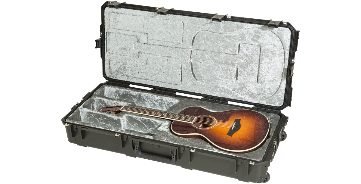 Durable iSeries Waterproof Guitar Case open with acoustic guitar inside; watertight seal and molded interior for maximum protection.
