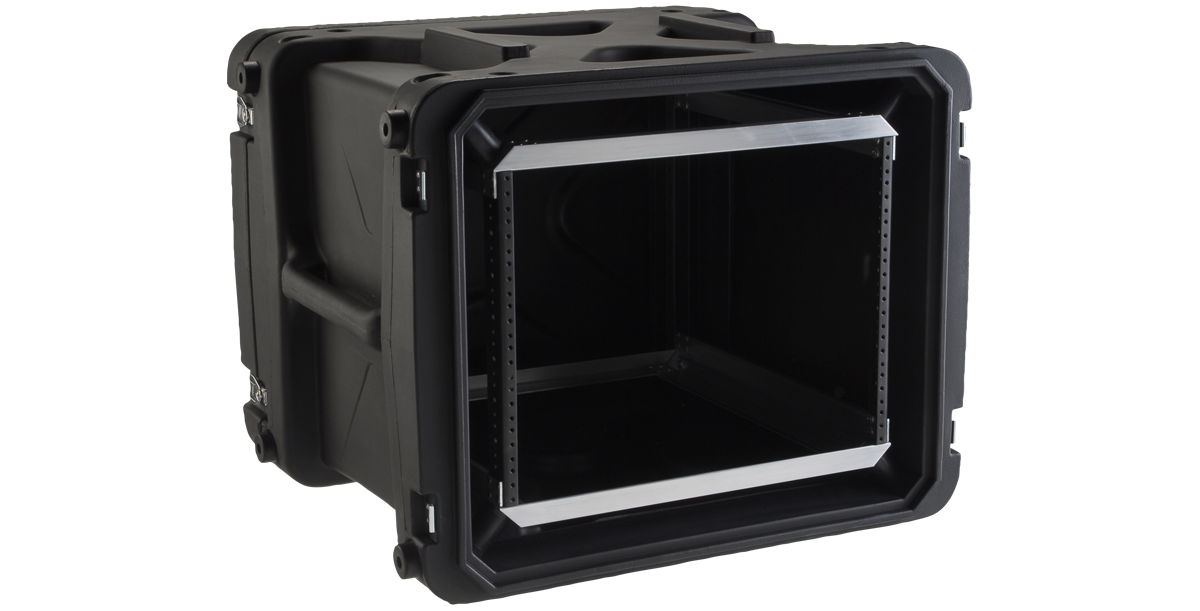 Open 20-inch rSeries Shock Rack showing internal rails and elastomer shock absorbers for vibration control on all axes.