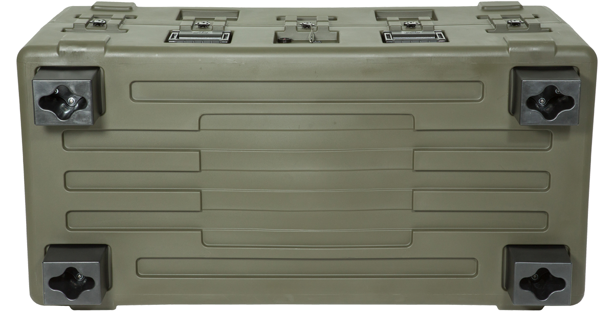 Bottom view of 3R Series case showing securely mounted 3R Forklift Riser Kit for enhanced forklift handling.