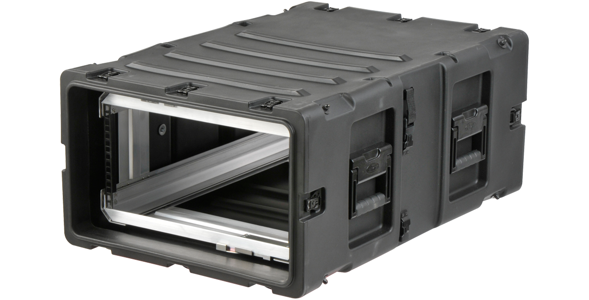 Angled side view of 5U 30-inch rack case with durable handles and reinforced corners for rugged, shockproof equipment handling.