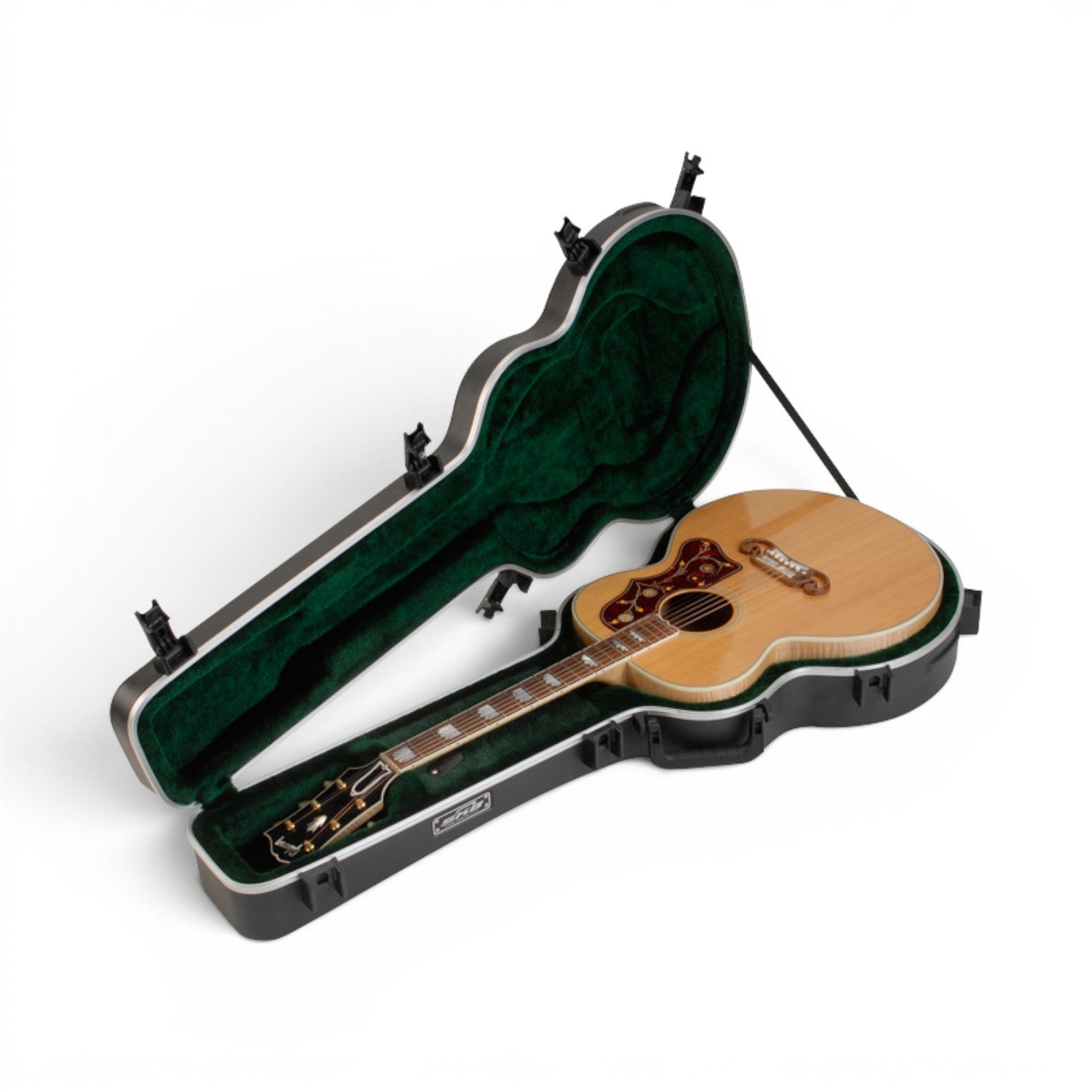 Universal Jumbo Guitar Case - Superior Protection open with green EPS foam interior and jumbo acoustic guitar securely fitted inside.