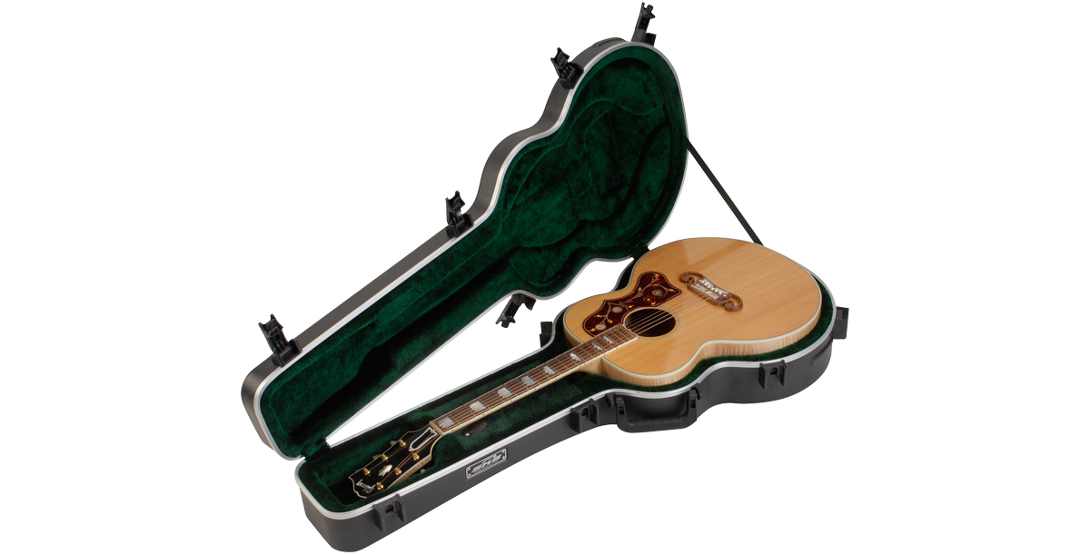 Universal Jumbo Guitar Case - Superior Protection open with green EPS foam interior and jumbo acoustic guitar securely fitted inside.