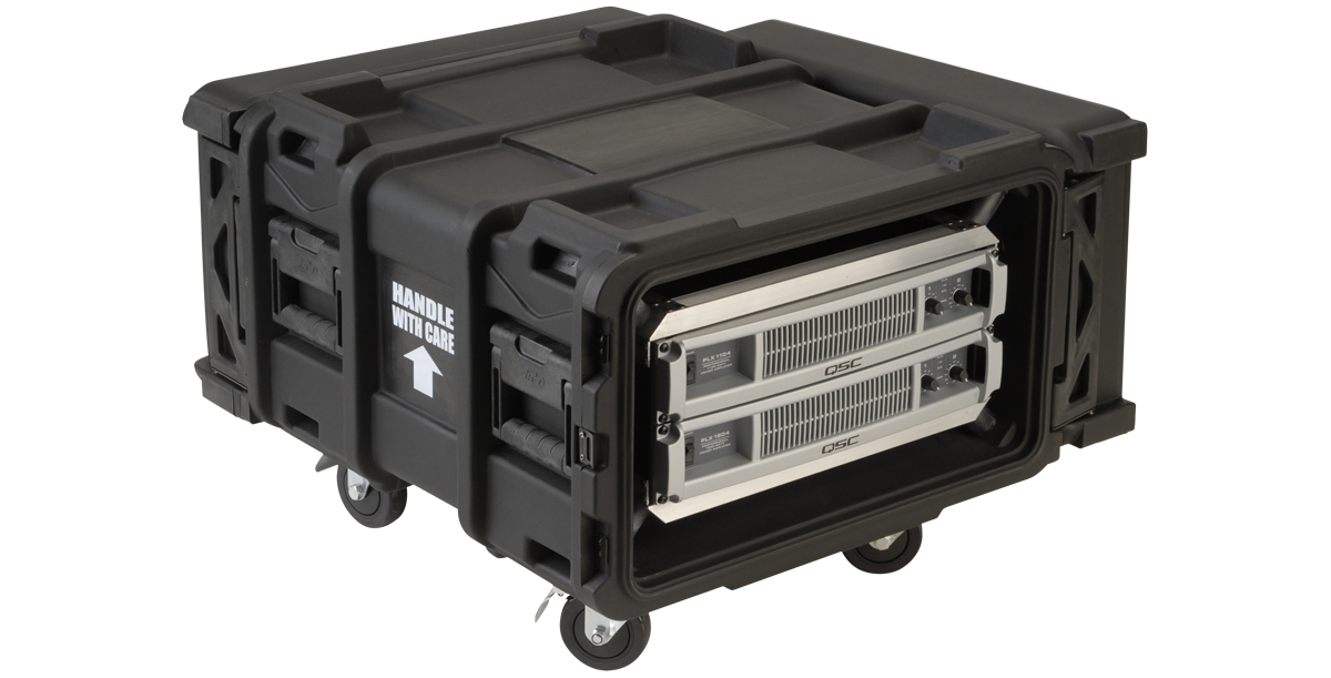 24 inch shock rack with QSC amplifiers, shown from side angle with rugged wheels and roto-molded case for pro audio and IT use.