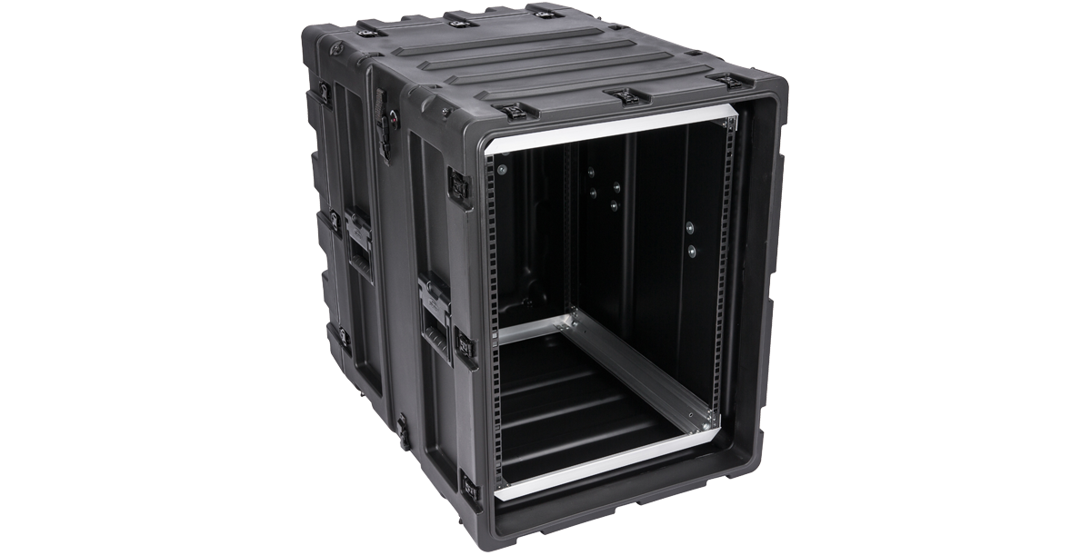 Angled front-right view of 24-Inch Shockproof Rack Case for Electronics, highlighting durable shell and shock-absorbing rack frame.