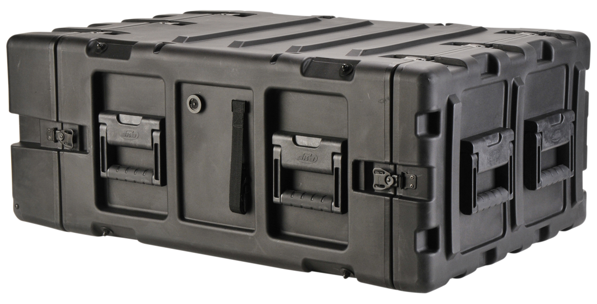Durable 4U shock rack case with 24-inch depth, featuring rugged handles and secure latches for electronics transport and protection.