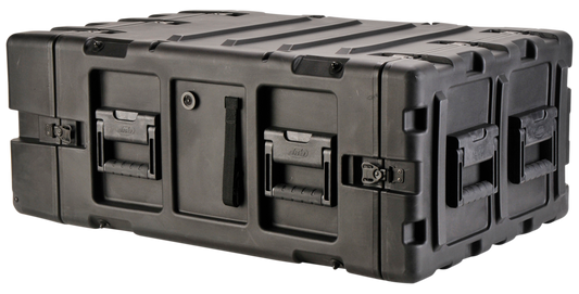 Durable 4U shock rack case with 24-inch depth, featuring rugged handles and secure latches for electronics transport and protection.