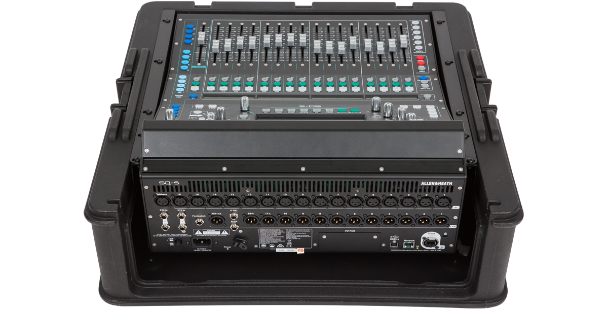 Allen Heath SQ5 digital mixer mounted using rack ears in an SKB GigRig case, showing rear panel connectivity.
