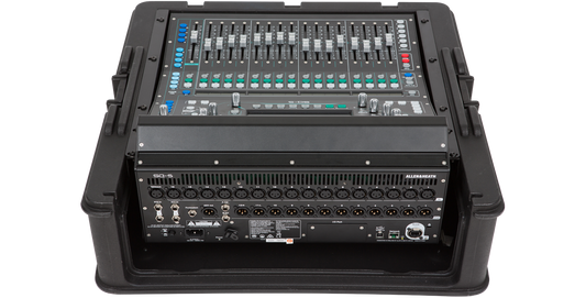 Allen Heath SQ5 digital mixer mounted using rack ears in an SKB GigRig case, showing rear panel connectivity.