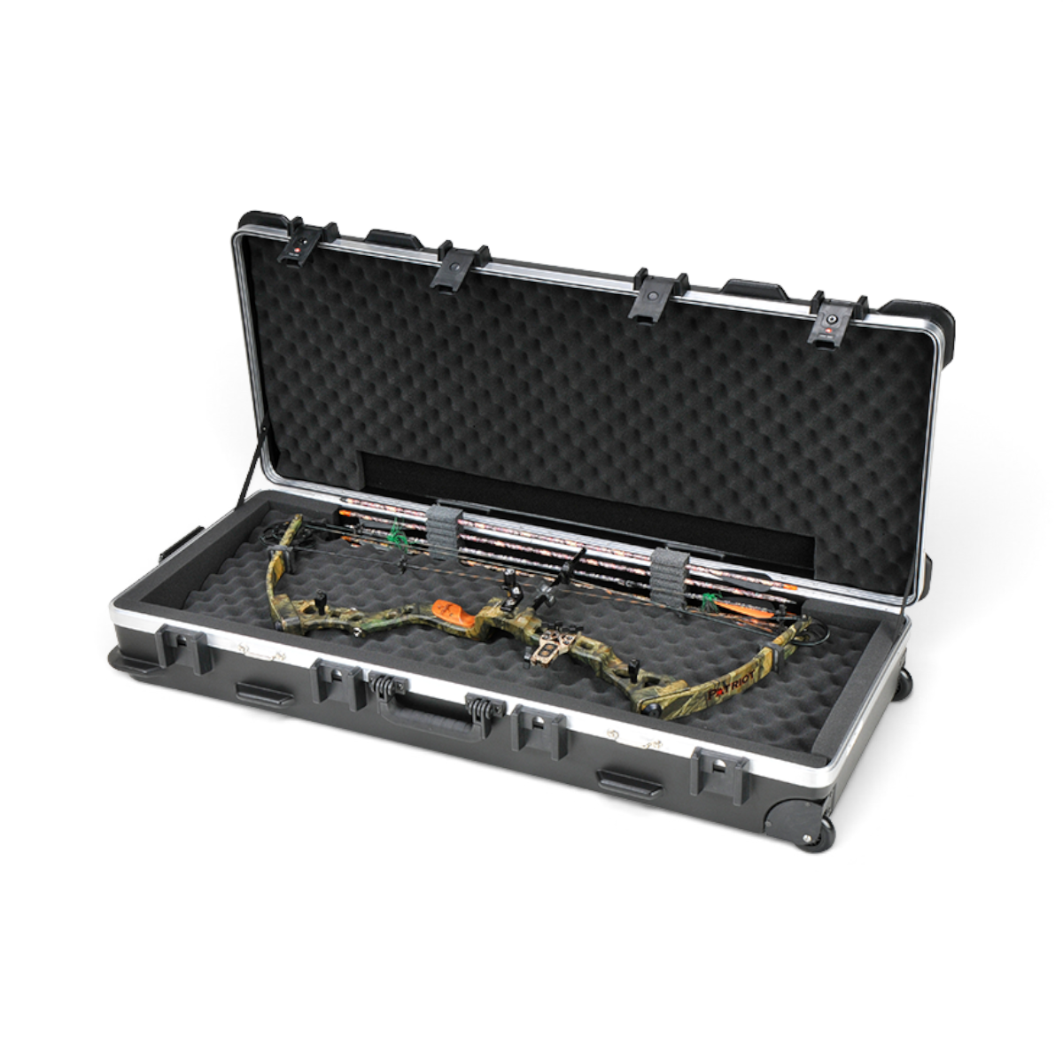SKB Cases ATA double bow case in black with foam interior, holding a camo parallel limb bow and arrows.