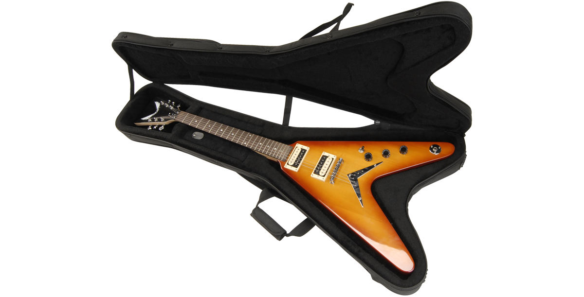 Flying V guitar case with electric guitar inside, highlighting soft interior and precise fit for safe storage.