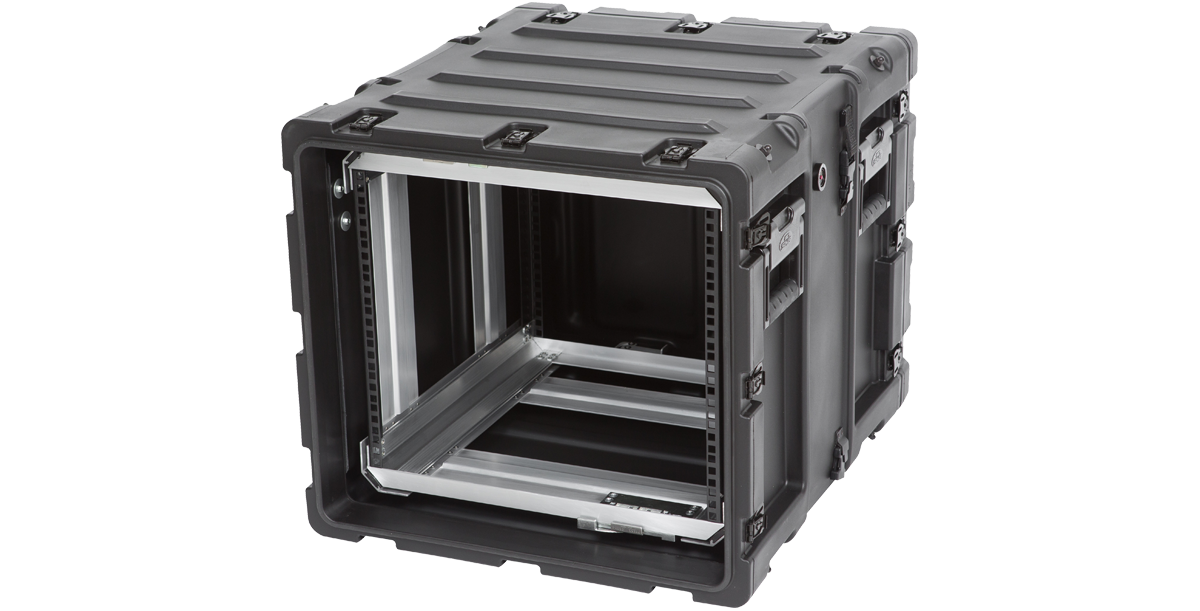 Side angle of 20-inch shock rack case featuring rugged build and internal mounting frame for sensitive electronic gear.