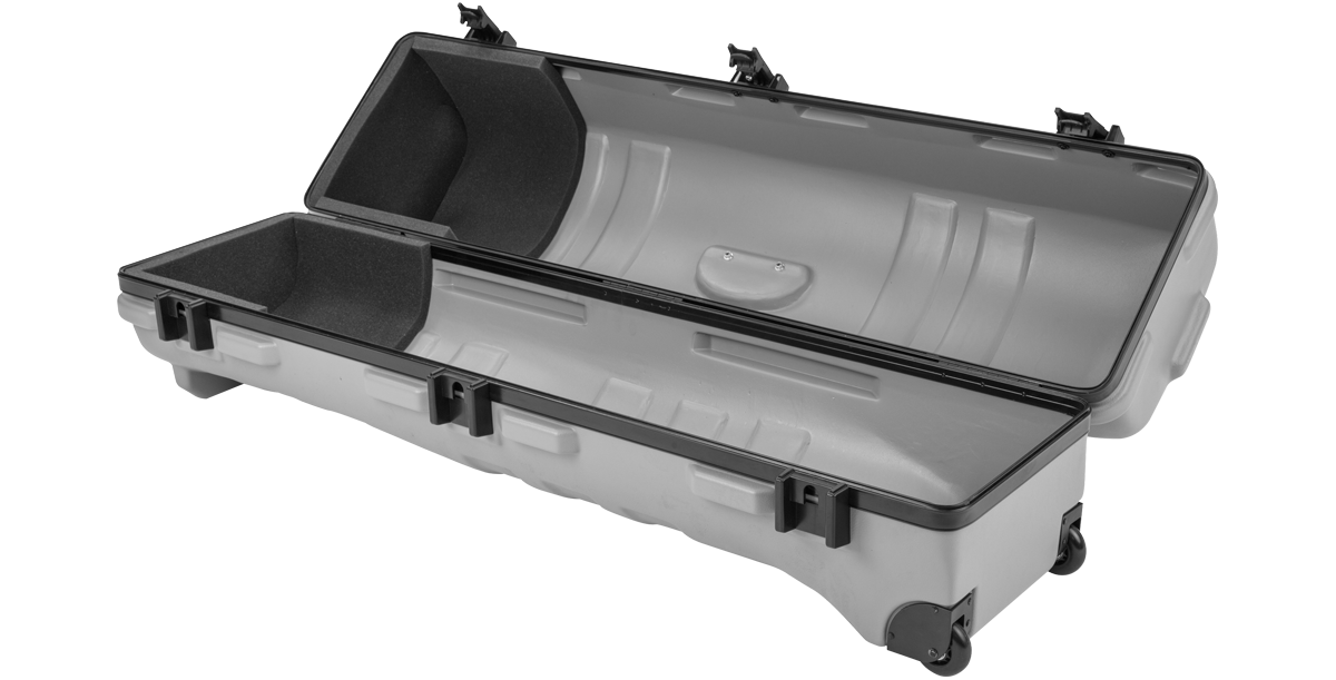 Open angled view of ATA Staff Pro XL Golf Travel Case - Grey with reinforced corners and foam padding for secure golf club storage.