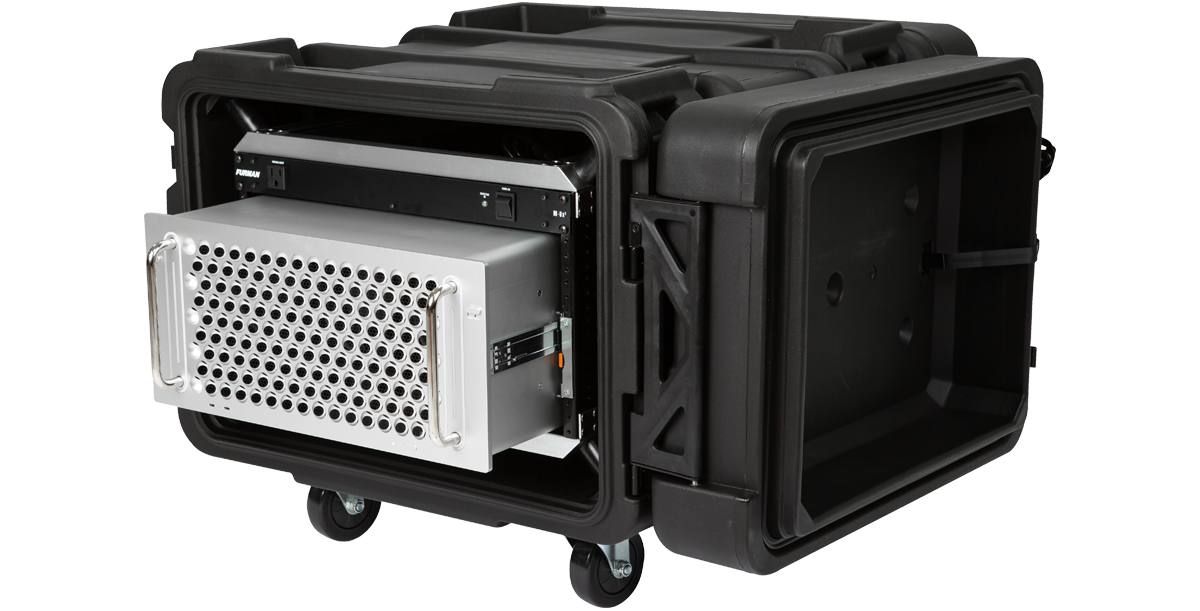 6U Shock Rack - 24-inch rSeries with Mac Pro extended, showing shock-mounted interior for safe transport of sensitive equipment.