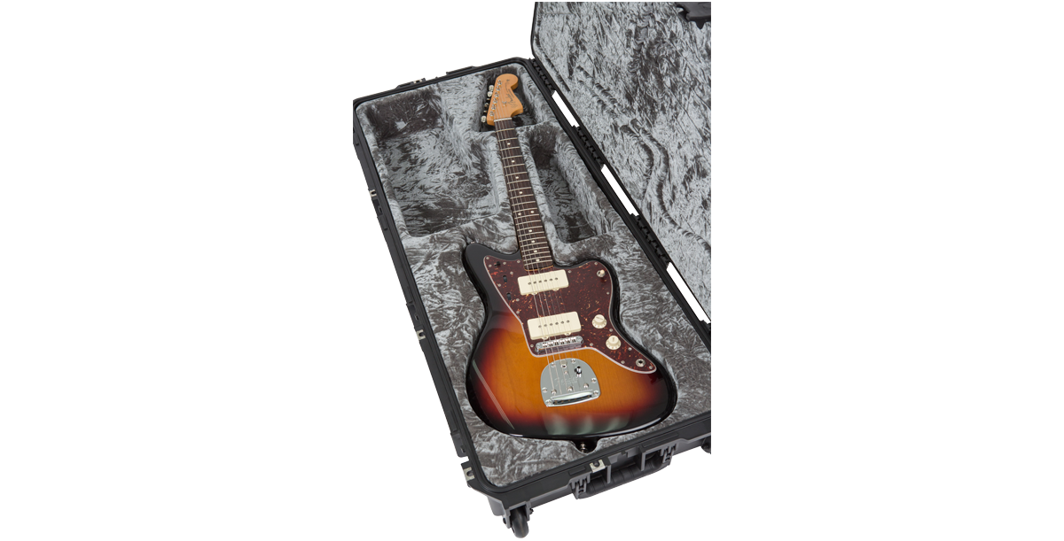 SKB iSeries Waterproof Case for Jaguar Jazzmaster featuring sunburst guitar securely placed in custom grey foam with TSA lock system.