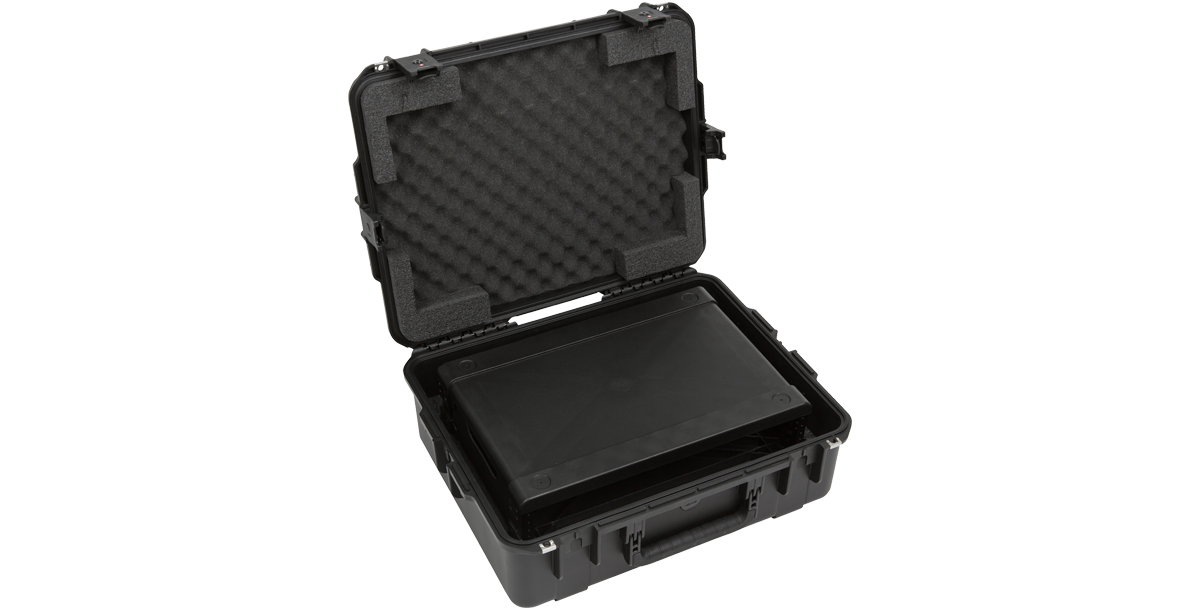 Injection Molded Fly Rack 2U Case open with rack inside, featuring molded-in hinges and protective foam lining.