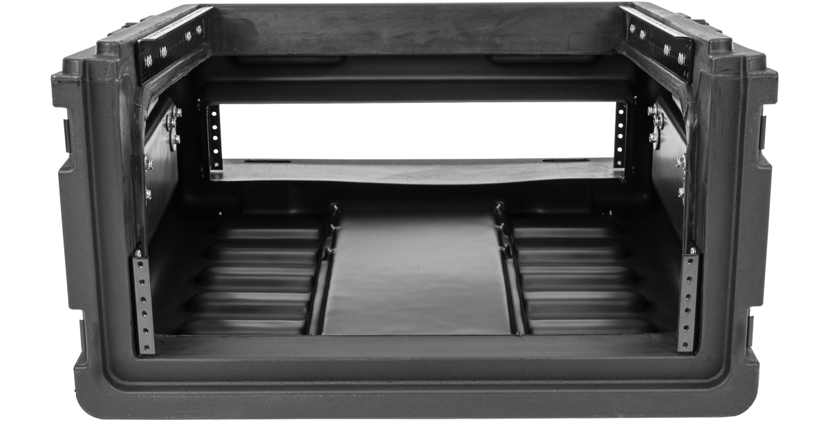 Interior view of Compact Rolling Rig Case showing 10U top and 2U rack rails, ready for custom audio gear installation.