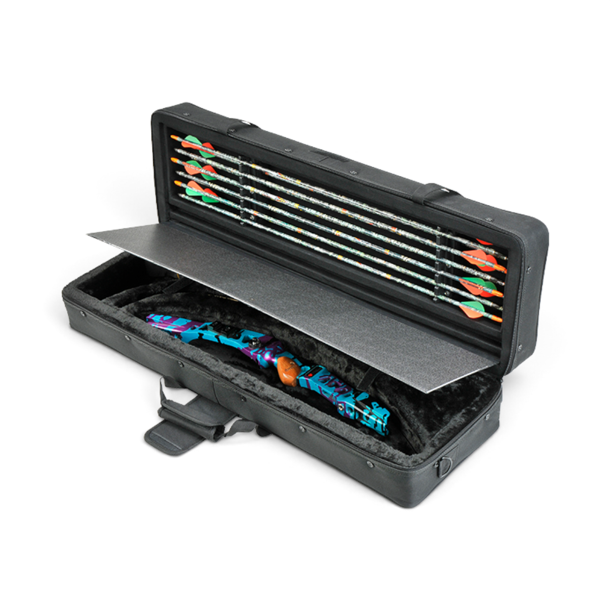 SKB Cases Hybrid 3410 recurve bow case in black ballistic nylon with internal foam storage for riser, limbs, and arrows
