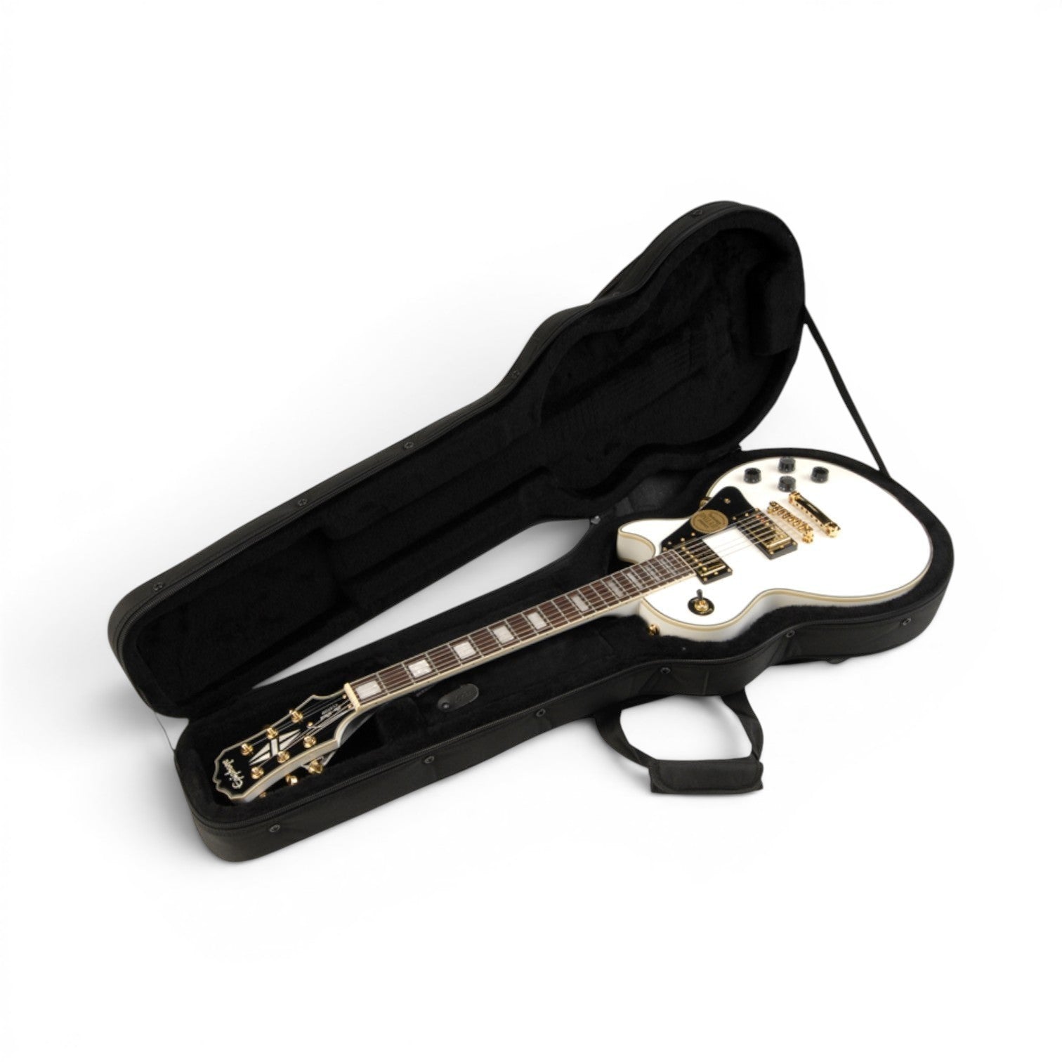 Les Paul Guitar Soft Case with white electric guitar inside, showcasing plush interior and snug fit for ultimate protection and transport.