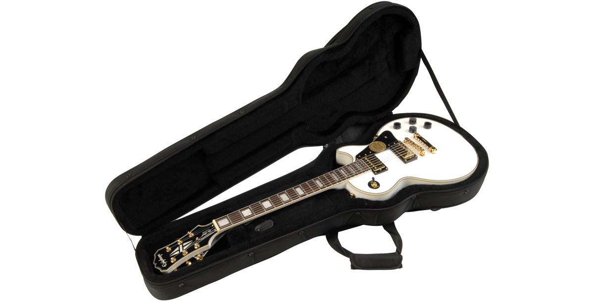 Les Paul Guitar Soft Case with white electric guitar inside, showcasing plush interior and snug fit for ultimate protection and transport.