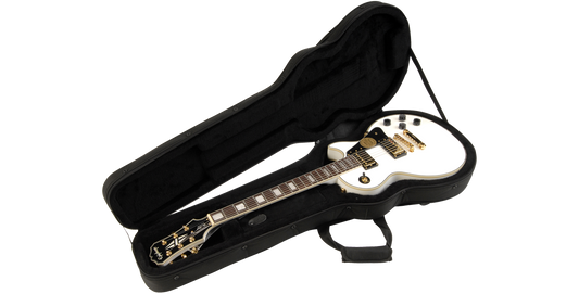 Les Paul Guitar Soft Case with white electric guitar inside, showcasing plush interior and snug fit for ultimate protection and transport.