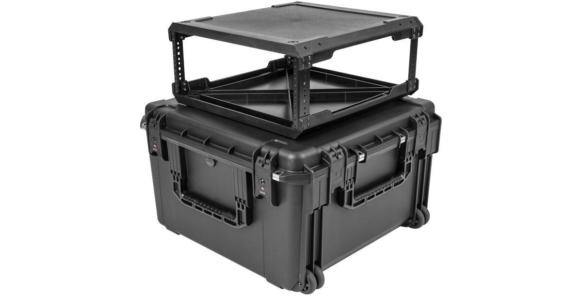 20" Fly Rack Case - iSeries Injection Molded shown with rack frame lifted, highlighting durable build and TSA-approved latches.