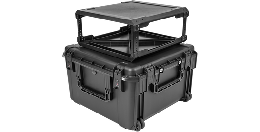 20" Fly Rack Case - iSeries Injection Molded shown with rack frame lifted, highlighting durable build and TSA-approved latches.