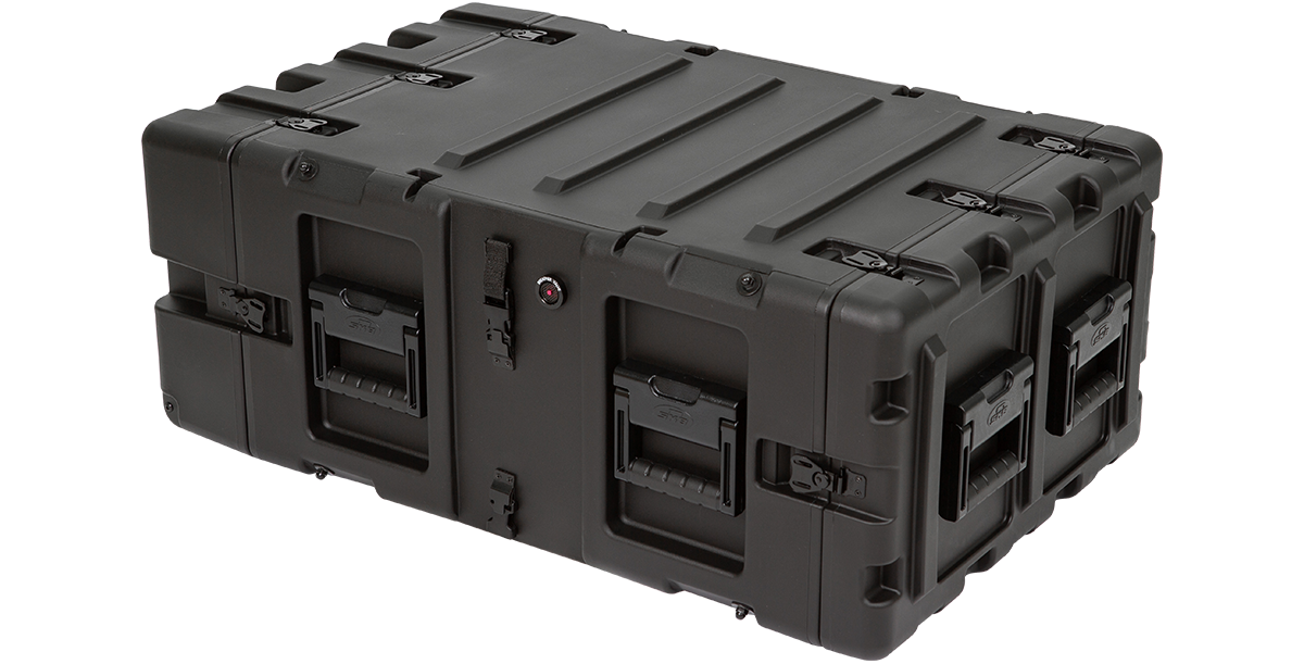Angled top view of 5U 24-inch deep shock rack case. Reinforced corners and rugged build for high-impact protection during transit.