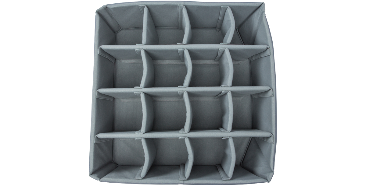 Top view of iSeries 2424-10 Divider Set by Think Tank showing multiple padded sections for organizing gear in watertight protective cases.
