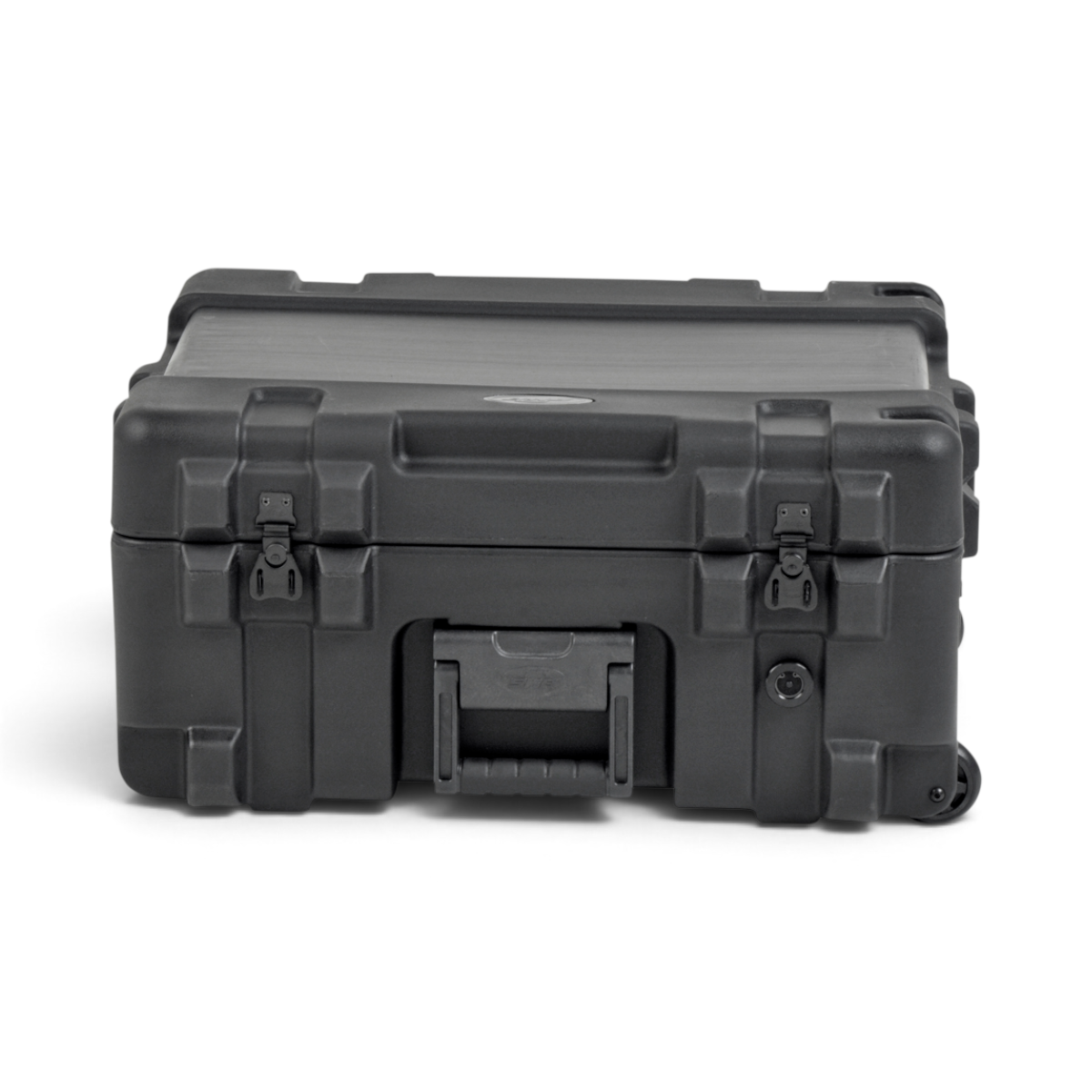 SKB Cases rSeries 2217-10 black roto-molded waterproof equipment case with stainless steel latches and wheels.