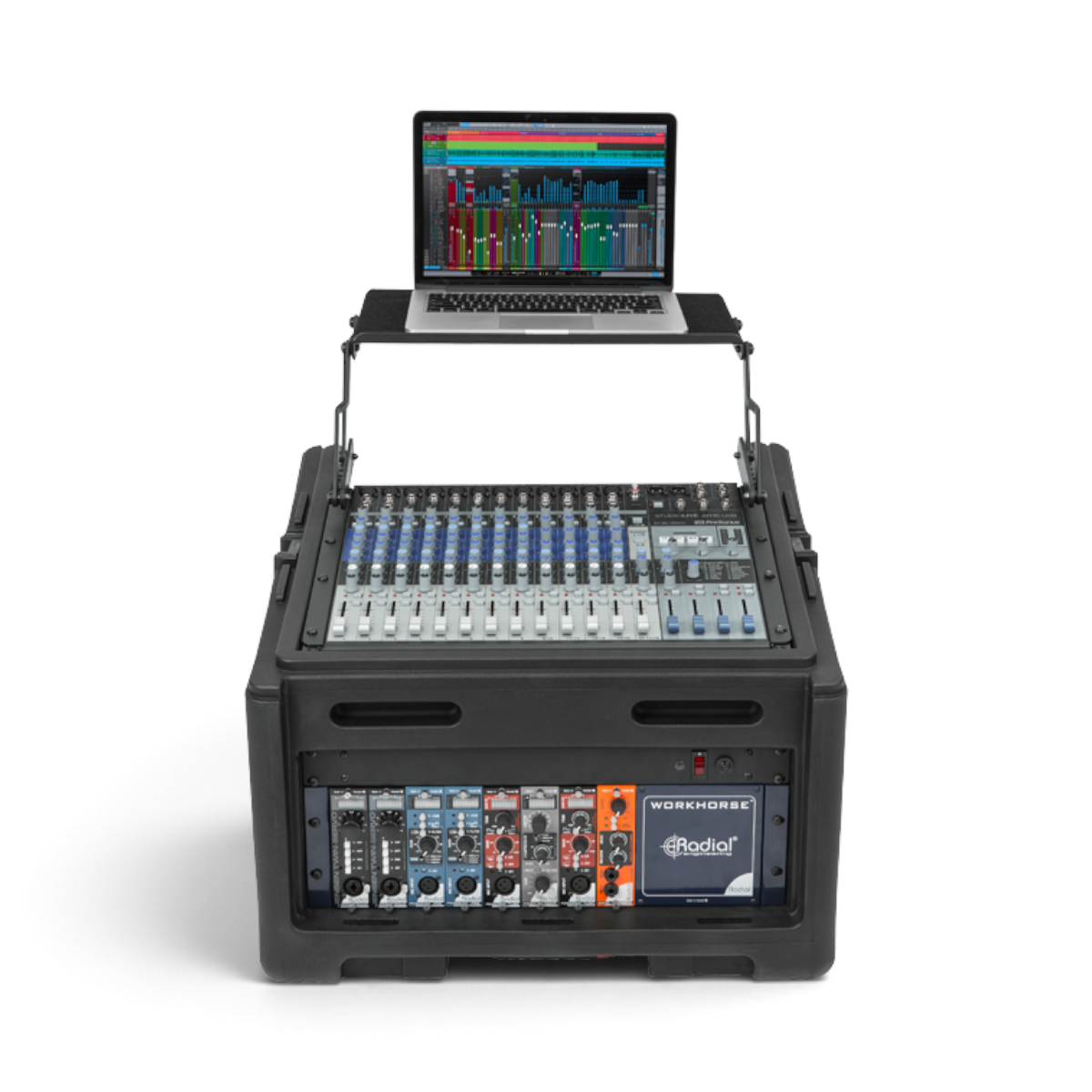 Rolling compact rig with 10U mixer, 4U rack, and laptop tray displaying audio software. Ideal for DJs and mobile sound engineers.