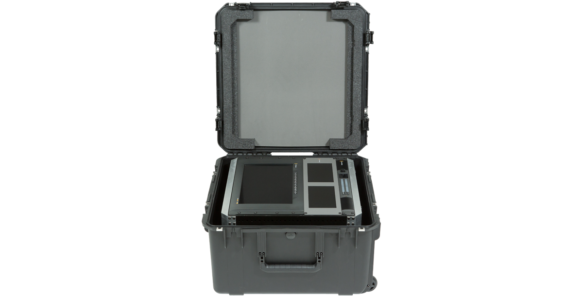10U Shock Rack iSeries Fly Rack with electronics inside, lid open to demonstrate secure fit and travel-ready design.