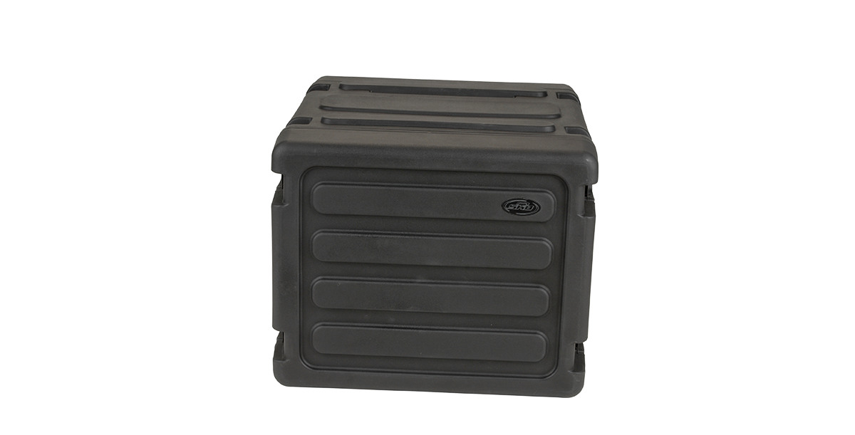 Rear view of 20-inch Shock Rack with molded panel and secure locking loops for stacking and protection during transport.