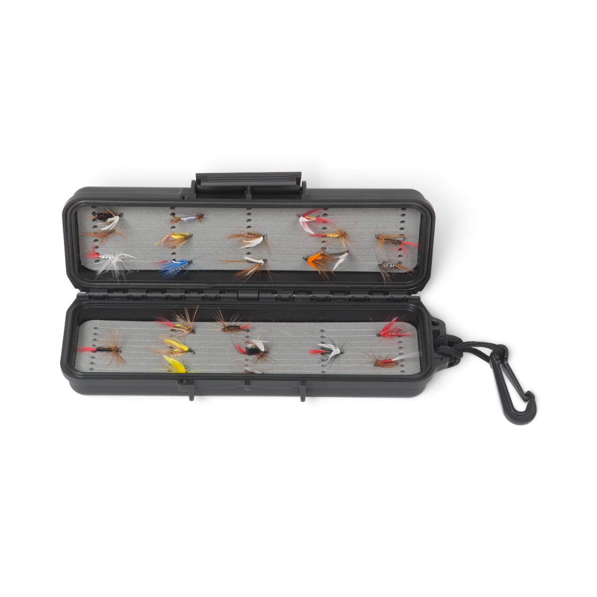 SKB Cases iSeries 0702-1 waterproof fly case in black with grey foam interior holding assorted colorful fishing flies