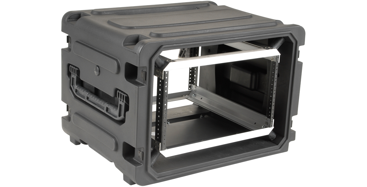 Angled view of 20 Inch Deep Rolling Shock Rack showing shock-mounted interior and molded handles for durable, mobile storage solutions.