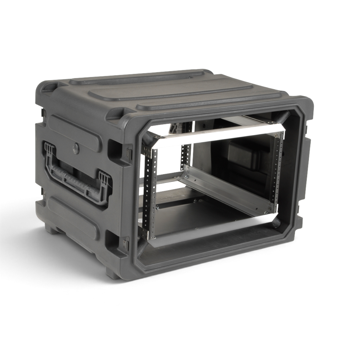 Angled view of 20 Inch Deep Rolling Shock Rack showing shock-mounted interior and molded handles for durable, mobile storage solutions.