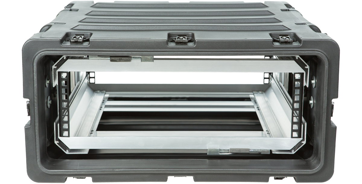 Front-facing view of 20 Inch Shock Rack - 3U RR Series, highlighting shock-absorbing frame and rugged LMDP shell for secure equipment storage.
